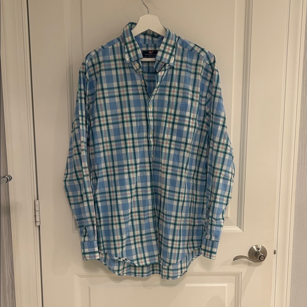 Vineyard Vines Blue and White Plaid Men's Shirt
